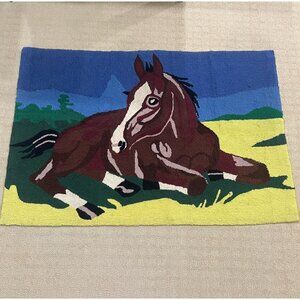 Vintage Foal Horse Equestrian Folk Art Punch Needle Yarn Hooked Rug 32" x 48"